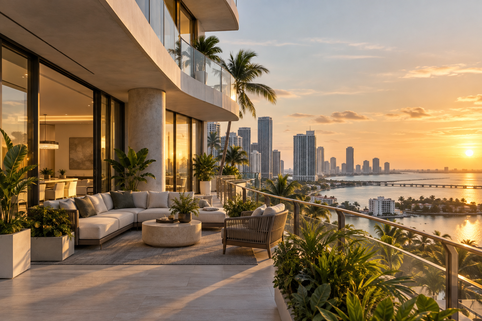 Contemporary South Florida condominium and terrace at golden hour